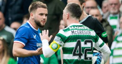 GLASGOW, SCOTLAND - APRIL 08: Celtic's Callum McGregor and Rangers' Nicjholas Raskin come together during a cinch Premiership match between Celtic and Rangers at Celtic Park, on April 08, 2023, in Glasgow, Scotland.  (Photo by Craig Foy / SNS Group)