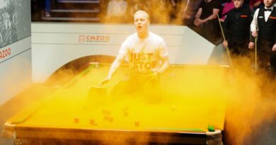 World Snooker Championship: Play suspended as protester interrupts match and throws orange substance on table