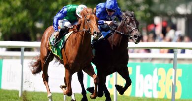 Isaac Shelby ridden by jockey Sean Levey (left) on their way to winning the bet365 Superlative Stakes ahead of Victory Dance and William Buick (right) on Darley July Cup Day of the Moet and Chandon July Festival at Newmarket racecourse, Suffolk. Picture date: Saturday July 9, 2022.