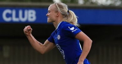 Chelsea's Pernille Harder celebrates scoring the fourth goal against Leicester in the WSL