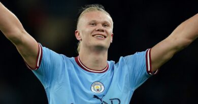 Erling Haaland celebrates his record-breaking 35th Premier League goal of the season