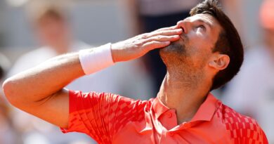 Serbia's Novak Djokovic celebrates after winning the first round match of the French Open tennis tournament against Aleksandar Kovacevic of the U.S. in three sets, 6-3, 6-2, 7-6 (7), at the Roland Garros stadium in Paris, Monday, May 29, 2023. (AP Photo/Jean-Francois Badias)