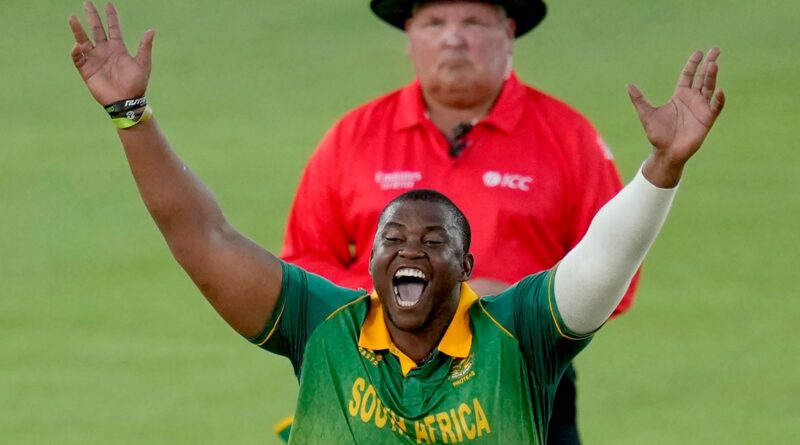 South Africa's bowler Sisanda Magala, front, successfully appeals for a wicket of England's batsman Ben Duckett during the first One-Day International cricket match between South Africa and England at Mangaung Oval in Bloemfontein, South Africa, Friday, Jan. 27, 2023. (AP Photo/Themba Hadebe)