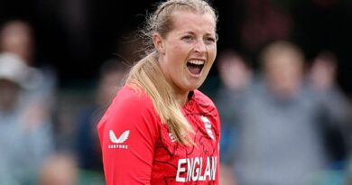 England's Sophie Ecclestone celebrates after the dismissal of India's Harmanpreet Kaur (not seen) during the Group B T20 women's World Cup cricket match between England and India at St George's Park in Gqeberha on February 18, 2023. (Photo by Marco Longari / AFP) (Photo by MARCO LONGARI/AFP via Getty Images)