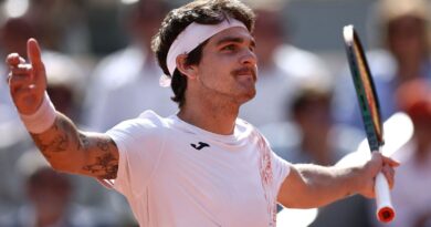 Brazil's Thiago Seyboth Wild reacts during his match against Russia's Daniil Medvedev during their men's singles match on day three of the Roland-Garros Open tennis tournament at the Court Philippe-Chatrier in Paris on May 30, 2023. (Photo by Anne-Christine POUJOULAT / AFP) (Photo by ANNE-CHRISTINE POUJOULAT/AFP via Getty Images)