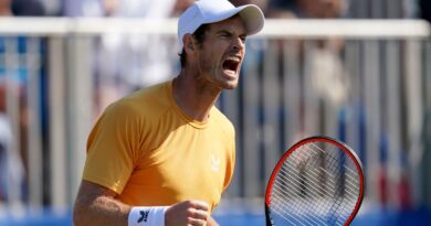 Andy Murray celebrates winning a tie break during their match against Bu Yunchaokete (not pictured) on day three of the 2023 Lexus Surbiton Trophy at Surbiton Racket and Fitness Club, London. Picture date: Wednesday June 7, 2023.