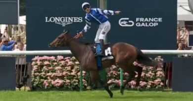 Blue Rose Cen crosses the line well clear of her rivals in the Prix de Diane