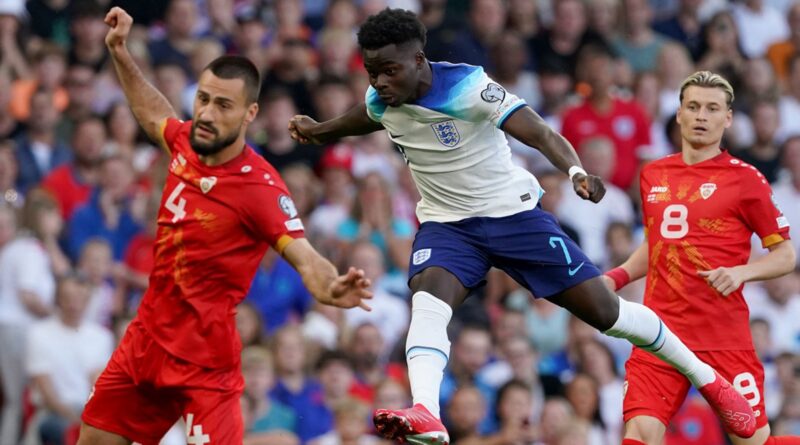 England's Bukayo Saka shoots at goal during the UEFA Euro 2024 Qualifying Group C match at Old Trafford, Manchester. Picture date: Monday June 19, 2023.