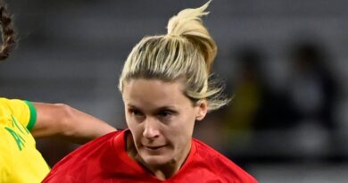 Canada forward Cloe Lacasse (20) moves the ball ahead of Brazil midfielder Ana Vitoria, left, during the second half of a SheBelieves Cup women's soccer match Sunday, Feb. 19, 2023, in Nashville, Tenn. (AP Photo/Mark Zaleski)