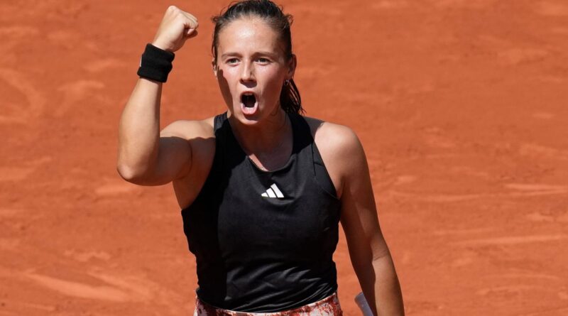 Russia's Daria Kasatkina celebrates winning her second round match of the French Open tennis tournament against Marketa Vondrousova of the Czech Republic in two sets, 6-3, 6-4, at the Roland Garros stadium in Paris, Wednesday, May 31, 2023. (AP Photo/Christophe Ena)