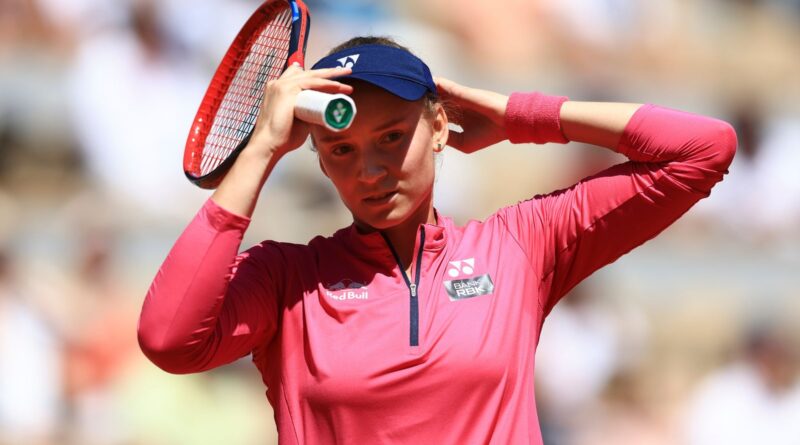 Kazakhstan's Elena Rybakina adjusts her cap during the second round match of the French Open tennis tournament against Linda Noskova of the Czech Republic at the Roland Garros stadium in Paris, Thursday, June 1, 2023. (AP Photo/Aurelien Morissard)