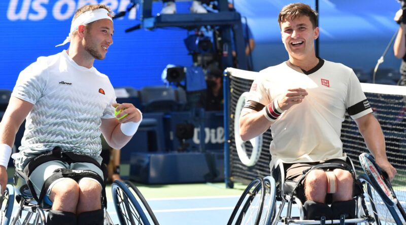 Gordon Reid and Alfie Hewett react to winning against Nicolas Peifer and Stephane Houdet during a wheelchair men's doubles final match at the 2020 US Open, Saturday, Sept. 12, 2020 in Flushing, NY. (Pete Staples/USTA via AP)