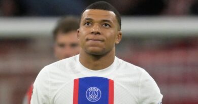 PSG's Kylian Mbappe reacts after Bayern's Eric Maxim Choupo-Moting scored his side's opening goal during the Champions League round of 16 second leg soccer match between Bayern Munich and Paris Saint Germain at the Allianz Arena in Munich, Germany, Wednesday, March 8, 2023. (AP Photo/Andreas Schaad)