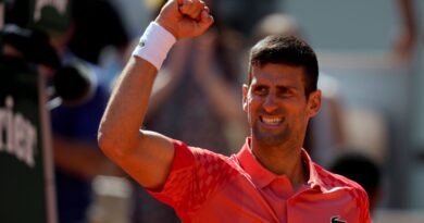 Serbia's Novak Djokovic celebrates winning his fourth round match of the French Open tennis tournament against Peru's Juan Pablo Varillas at the Roland Garros stadium in Paris, Sunday, June 4, 2023. (AP Photo/Thibault Camus)