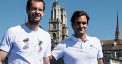 Swiss tennis player Roger Federer, right, and tennis player Britain's Andy Murray pose on a float in Zurich, Switzerland, Monday, April 10, 2017. Federer and Murray will play a charity game 'Match for Africa 3' later on Monday. The charity event for the 'Roger Federer Foundation' raises money for African children. (Ennio Leanza/Keystone via AP)