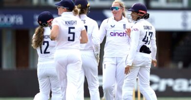 England's Sophie Ecclestone (centre right) celebrates the wicket of Australia's Tahlia Wilson (not pictured) with team-mates during day one of the Women's International Test match at The Incora County Ground, Derby. Picture date: Thursday June 15, 2023.