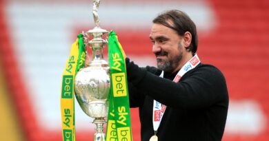 Norwich City manager Daniel Farke with the Sky Bet Championship trophy