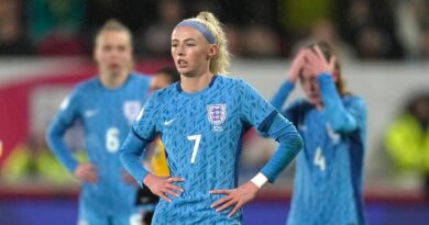 England's Chloe Kelly is seen after the end of the women's international friendly soccer match between England and Australia at the Gtech Community Stadium in London, England, Tuesday, April 11, 2023. Australia won the game 2-0. (AP Photo/Kin Cheung)