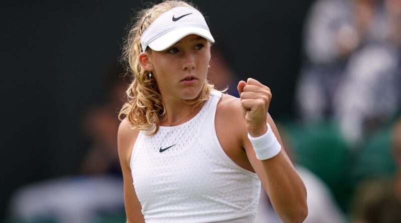 Mirra Andreeva in action against Anastasia Potapova (not pictured) on day seven of the 2023 Wimbledon Championships at the All England Lawn Tennis and Croquet Club in Wimbledon. Picture date: Sunday July 9, 2023.