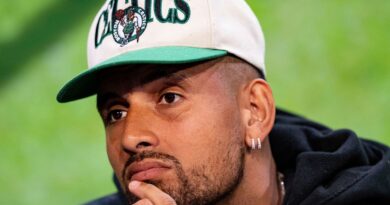 Australia's Nick Kyrgios gestures during a pre-tournament press conference, at the All England Lawn Tennis and Croquet Club, in Wimbledon, south west London, Sunday July 2, 2023, ahead of the Wimbledon tennis championships. (Florian Eisele/Pool Photo via AP)